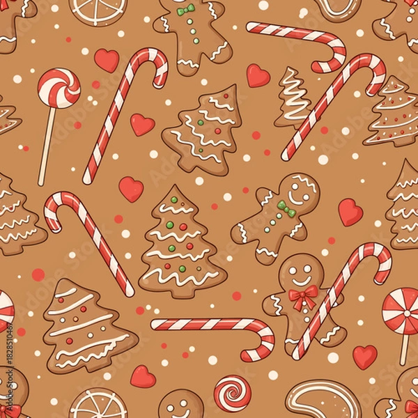Fototapeta Festive Christmas holiday seamless pattern featuring gingerbread man cookies, trees, and sweet candy canes on a brown background