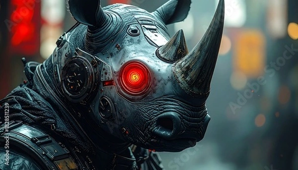 Fototapeta Cybernetic rhino with a glowing red eye stands against a bokeh background in the city