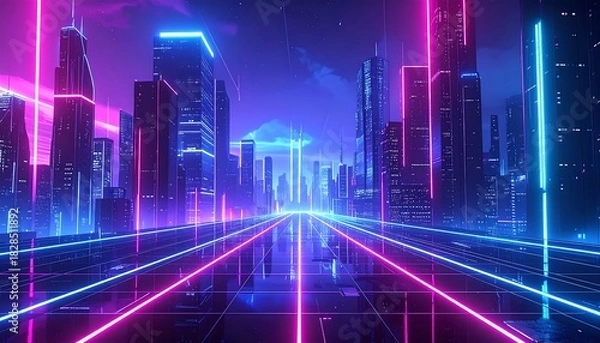 Fototapeta Cyberpunk city futuristic skyline with vibrant neon lights and glassy reflections on a wet street