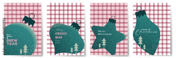 Fototapeta set of Christmas greeting card design vector illustration with Xmas festive icon and Red gingham fabric square checkered seamless pattern vintage background