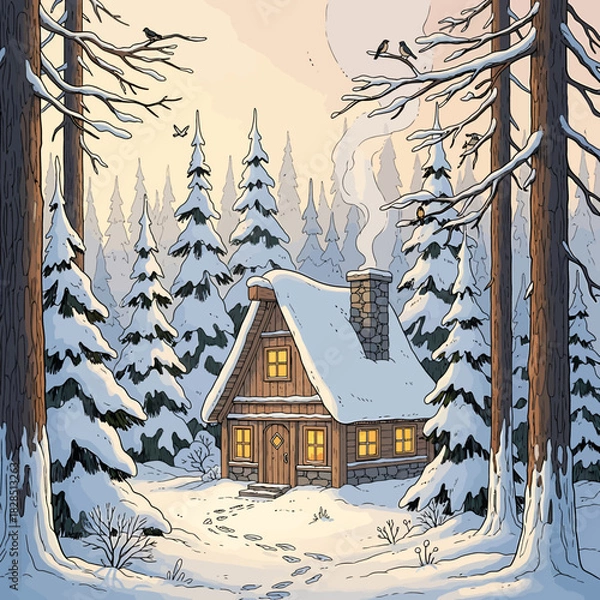 Fototapeta Charming A-frame cottage with a warm glowing light, surrounded by snow-covered trees in a peaceful winter landscape illustration