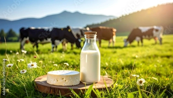 Fototapeta Dairy still-life with cheese and milk against a field where cows graze, under a bright, sunlit sky