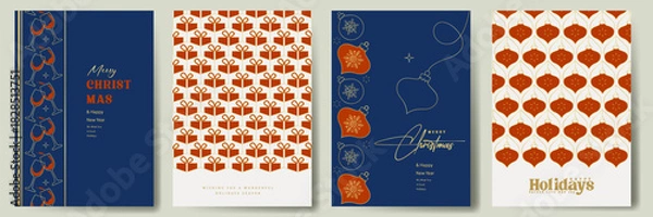 Fototapeta Merry Christmas and happy new year greeting card design, Xmas template design with Christmas festive icon pattern, New year holiday poster design concept illustration