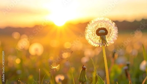 Fototapeta Dandelion seed head glows in a field during golden hour, with setting sun, creating bokeh effect