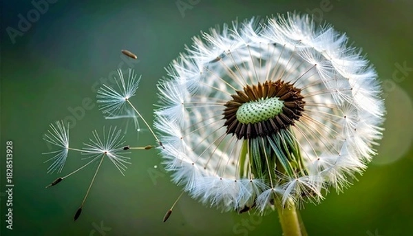 Fototapeta Dandelion seed head in focus with seeds drifting away against a blurred green background, close-up view