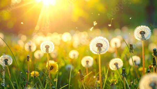 Fototapeta Dandelions fill a sunlit field with floating seeds, green grass, and bright golden light in a natural scene
