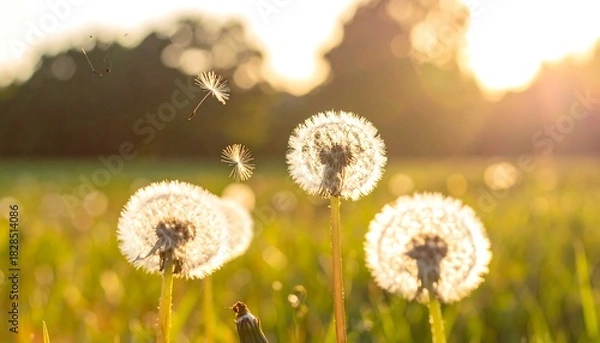 Fototapeta Dandelions in a field, seeds blowing in the golden light of sunset, creating a dreamy, ethereal atmosphere