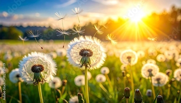 Fototapeta Dandelions in sun-drenched field with seeds blowing in the wind, against blue sky