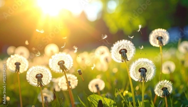 Fototapeta Dandelions in a field bask in the sun with seeds drifting. Peaceful, bright, natural, and soft