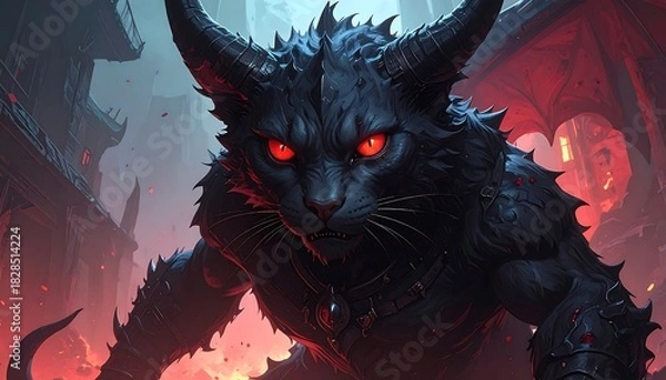Fototapeta Dark, armored cat-like creature with horns, set against a blurred, gothic cityscape background with red light