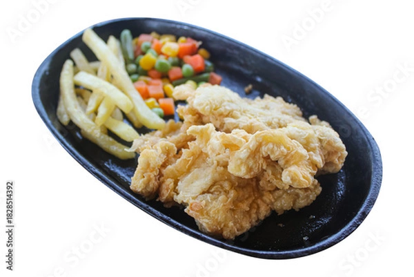 Fototapeta Crispy Fried Chicken Steak with French Fries and Mixed Vegetables