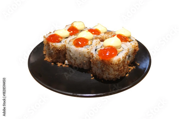 Fototapeta Crispy Japanese Sushi Rolls Topped with Spicy and Creamy Sauces