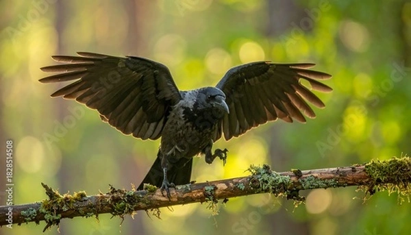 Fototapeta Dark crow spreading wings, perches on mossy branch against a sun-dappled green foliage backdrop in a natural setting
