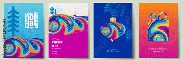 Fototapeta Christmas holiday background set, Xmas greeting card design with bright colorful concept vector illustration