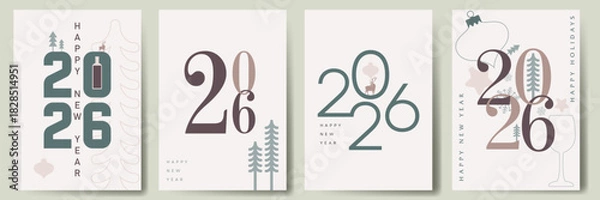 Fototapeta 2026 greeting card design vector illustration, Happy new year party invitation card, Christmas festive icon celebration, Xmas cover design for website, social media banner