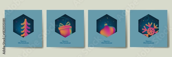 Fototapeta Merry Christmas greeting card square design set, Xmas holiday design, Christmas festive design for social media post, winter holidays square template set vector illustration for social media post