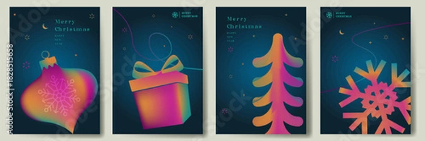 Fototapeta Merry Christmas greeting card design set on bright gradient colorful style, Xmas holiday design, Christmas festive design for social media post, winter holidays square template set vector illustration