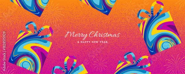 Fototapeta Xmas background design vector illustration with giftbox pattern concept, Merry Christmas and happy new year template banner design for social media post, greeting card, website header banner