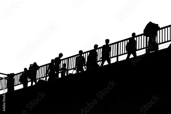 Fototapeta Silhouette Myanmar immigrant workers crossing border for working at Thailand-Myanmar friendship bridge, Mae Sot, Tak, Thailand