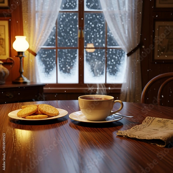 Obraz Warm Cup of Tea and Cookies on a Snowy Day