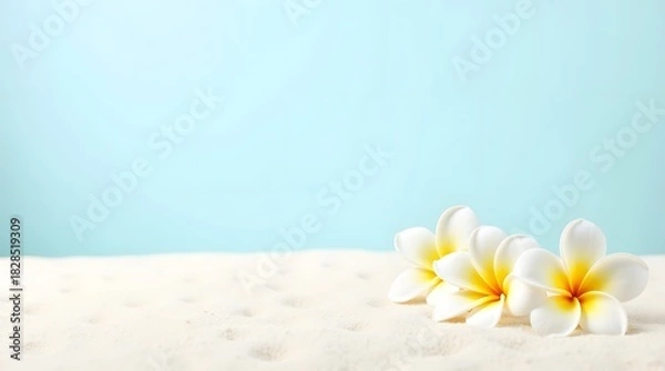 Fototapeta Hawaii beach with smooth white sand and three white tropical flowers arranged aesthetically