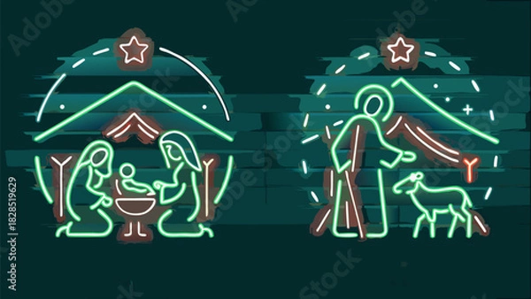 Obraz Glowing neon nativity scene with Mary, Joseph, Jesus, shepherd, and sheep celebrating Christmas