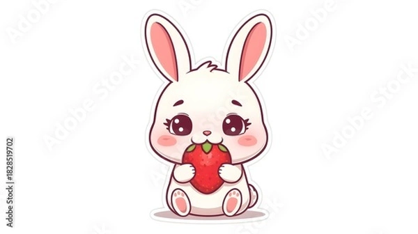 Fototapeta Adorable chibi-style rabbit eating a big juicy strawberry