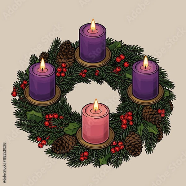 Fototapeta Traditional Advent wreath with three purple and one pink lit candles, decorated with pinecones and holly berries