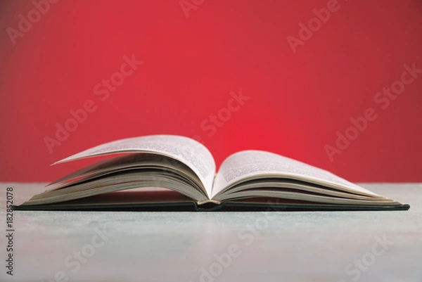 Fototapeta Composition with vintage old hardback books, diary, fanned pages on wooden deck table and red background. Books stacking. Back to school. Copy Space. Education background.