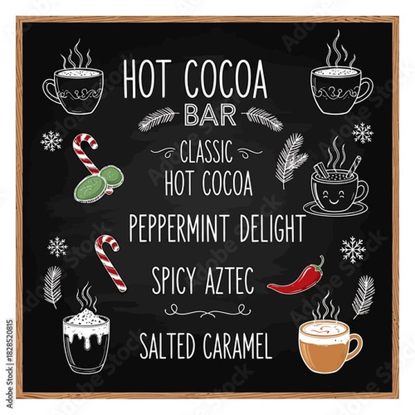 Fototapeta Hand-drawn winter beverage menu with various hot chocolate flavors on a chalkboard background for a cozy cafe