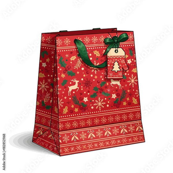 Fototapeta Decorative Christmas gift bag with a festive red pattern of reindeer and snowflakes, isolated on a white background