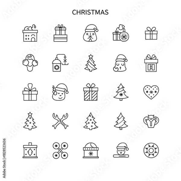 Fototapeta Christmas holiday thin line icon set featuring festive symbols like Santa Claus, gift boxes, reindeer, and decorated trees for winter celebrations