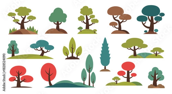 Fototapeta Collection of various trees with different colors and shapes, representing forest, nature, and environmental elements for design and illustration.