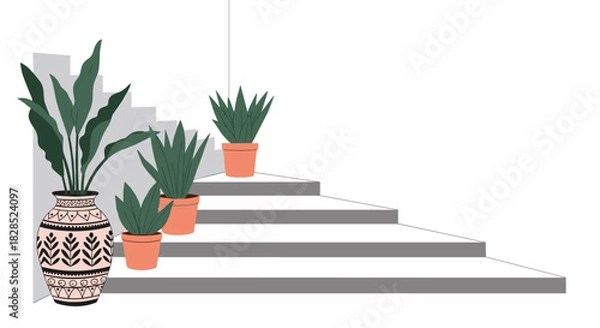 Fototapeta An illustrated image of potted plants arranged on a staircase with a white background.