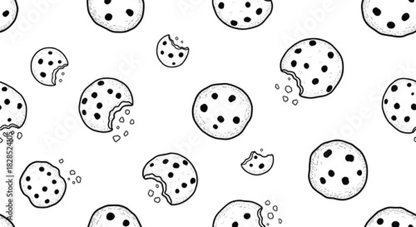 Fototapeta Seamless pattern of hand-drawn chocolate chip cookies, some bitten, on a white background.