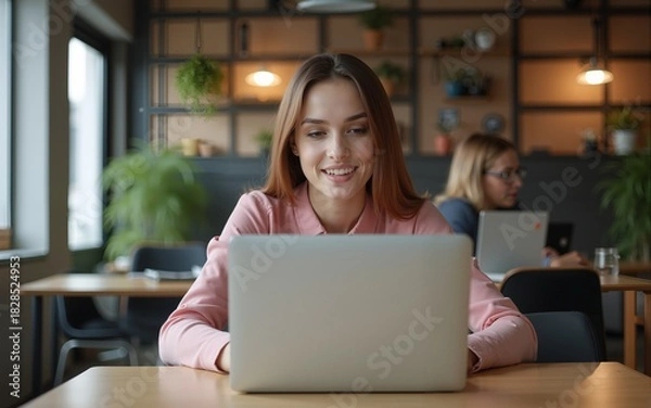 Obraz Focused young woman working on laptop in a modern coworking space. Freelance and entrepreneurship concept. Design for digital nomad lifestyle, remote work, and business startup. High quality