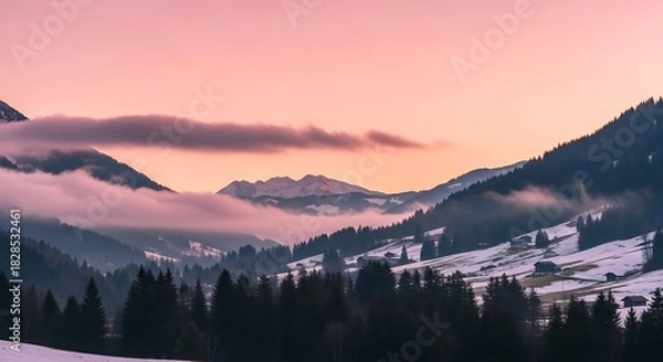 Fototapeta Serene Mountain Landscape at Sunset with Clouds and Snow.