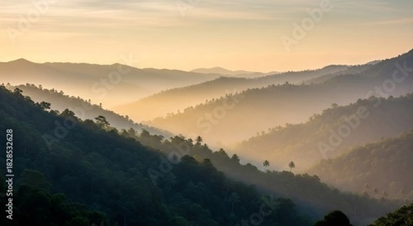 Fototapeta Serene mountain landscape with layers of hills and soft morning light.
