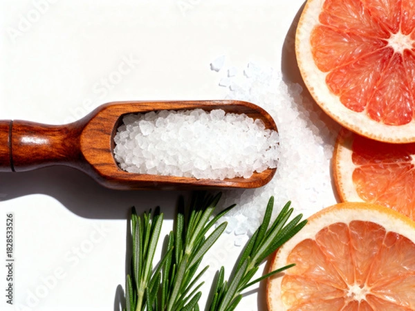 Obraz Pink Grapefruit Sea Salt Scrub Ingredients with Rosemary in Wooden Scoop Flat Lay