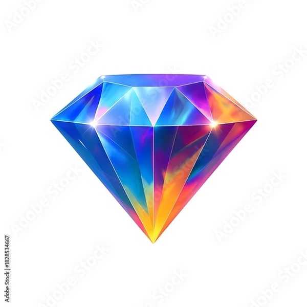 Fototapeta Vibrant multicolor crystal diamond with glowing reflections on white background, showcasing vibrant rainbow hues and sharp faceted surfaces, high detail faceted diamond, holographic diamond style