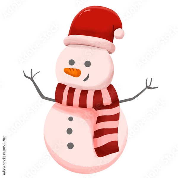 Obraz A cheerful cartoon snowman wearing a red Santa hat and a striped scarf, smiling.