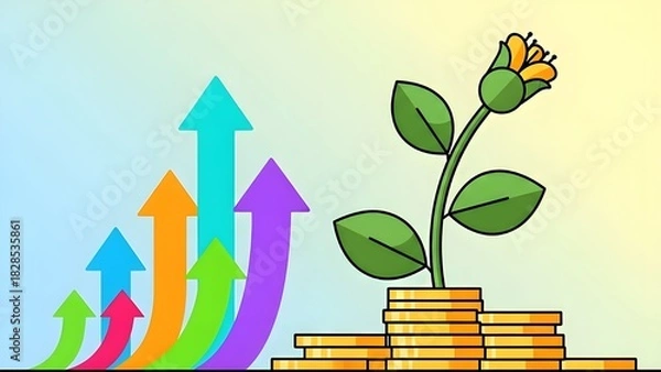 Obraz Cartoon Illustration of a Growing Flower on Stacked Gold Coins with Upward Arrows Representing Financial Success and Growth