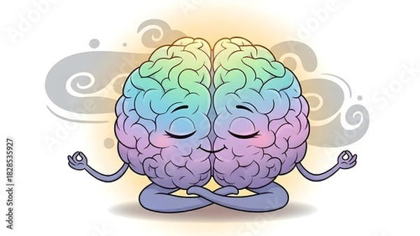 Obraz Cartoon Human Brain Character Meditating in a Yoga Pose with Rainbow Colors, Concept of Mental Health and Mindfulness