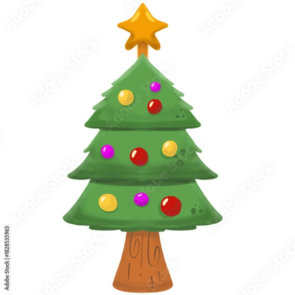 Obraz A decorated cartoon Christmas tree with colorful ornaments and a yellow star on top, isolated on a white background.