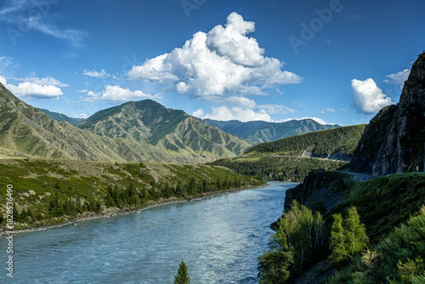 Obraz A river in the mountains on a clear sunny day. Road next to the water