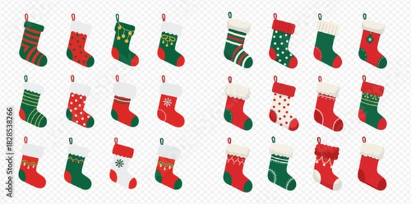 Fototapeta Collection of various Christmas stockings with different patterns and colors, festive holiday decorations.