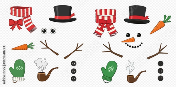Fototapeta Vector illustration of snowman building kit with various accessories like hat, scarf, carrot nose, twig arms, and buttons for winter crafts.