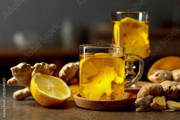 Fototapeta Ginger tea with lemon on a kitchen table.