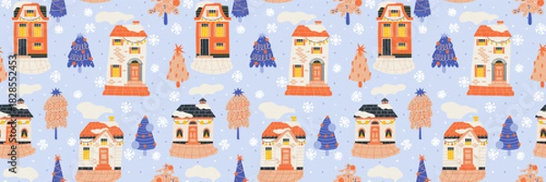 Fototapeta Modern simples pattern scandinavian village with tiny snow covered christmas houses.