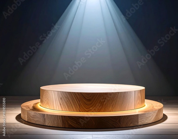 Fototapeta A wooden podium with a spotlight shining on it. The podium is round and made of wood. The spotlight is focused on the podium, creating a dramatic effect. Scene is intense and focused